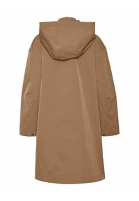 Cappotto impermeabile marrone con cappuccio, maniche lunghe, tasche laterali e silhouette dritta con dettaglio a bottone ai polsini.