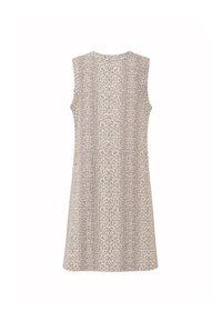 Robe sans manches longueur genou avec un col rond et un motif léopard beige et gris, vue de dos.