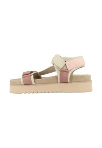 Beige en roze sandalen met bandjes, voorzien van elastieken banden, een gevoerde zool en een geprofileerde rubberen loopzool met een zigzagpatroon.