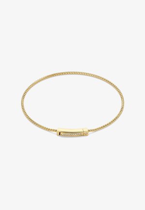 Armband in goudkleur met een gestructureerd kettingontwerp, voorzien van een rechthoekige staafaccent met heldere kristallen ingebed in een strak montuur.