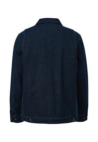 Jeansjacke, dunkelblau, Rückansicht. Verfügt über einen klassischen Kragen, lange Ärmel und Knopfdetails an den Bündchen und am Saum. Schlichte Textur.