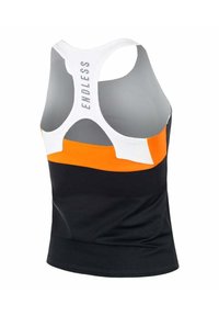 Black and white athletic tank top with orange accent; racerback design; smooth fabric; features “ENDLESS” text on the back.