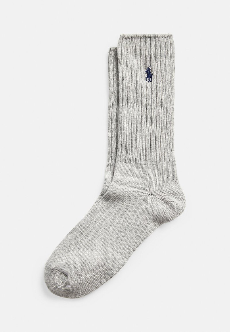 Gray ribbed socks made of soft material with a smooth texture, featuring a dark blue logo near the top.