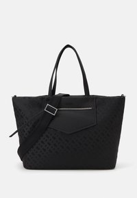 Sac fourre-tout noir en matériau texturé, doté d'une poche avant zippée, de doubles poignées et d'une bandoulière amovible. Design épuré.