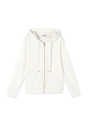 Weißer Kapuzenpullover mit Reißverschluss aus weichem Stoff, mit durchgehendem Frontreißverschluss, verstellbaren Kordeln und gerippten Bündchen sowie Saum. Ohne Muster oder Grafiken.