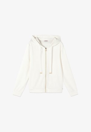 Weißer Kapuzenpullover mit Reißverschluss aus weichem Stoff, mit durchgehendem Frontreißverschluss, verstellbaren Kordeln und gerippten Bündchen sowie Saum. Ohne Muster oder Grafiken.