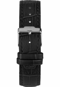 Schwarzes Lederarmband mit Krokodilprägung, silberner Metallschnalle und steppenden Details. Verfügt über mehrere Anpassungslöcher für die passgenaue Einstellung.