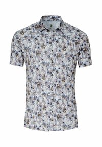 Blumen Kurzarmhemd mit weißem Hintergrund, das blaue und beige Blumen, grüne Knöpfe und ein klassisches Kragen-Design aufweist.