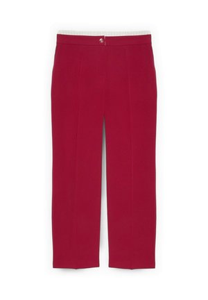 Rode op maat gemaakte broek met hoge taille, voornaad en een enkele knoopsluiting aan de tailleband.