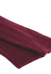 Guanti a maglia bordeaux con texture a coste, caratterizzati da una lunghezza lunga, materiale morbido e bordi puliti per una vestibilità aderente.