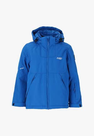 Blå vandtæt jakke med lynlås foran, justerbar hætte, to frontlommer og elastiske manchetter. Har "W-PRO" branding på ærmet.