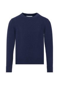 Maglione girocollo blu navy realizzato in morbido tessuto a maglia. Presenta polsini e orlo a coste, con un sottile dettaglio del logo sul petto.