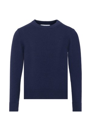 Granatowy sweter z okrągłym dekoltem, wykonany z gładkiej dzianiny. Posiada prążkowane mankiety i dół, z dyskretnym detalem logo na klatce piersiowej.