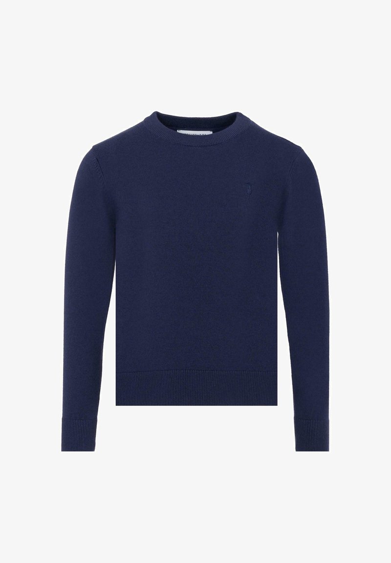 Maglione girocollo blu navy realizzato in morbido tessuto a maglia. Presenta polsini e orlo a coste, con un sottile dettaglio del logo sul petto.