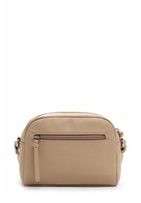 Beige leather crossbody bag with a rounded shape, featuring a top zipper and a front zippered pocket. Smooth, textured surface.