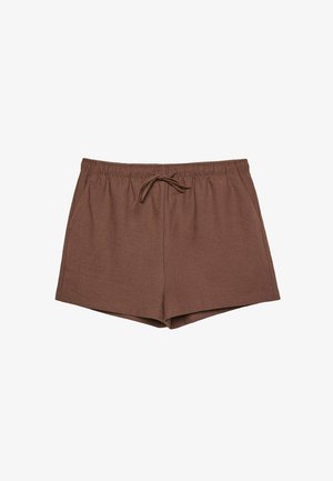 Braune Leinen-Shorts mit einem verstellbaren Gummibund, seitlichen Taschen und einem lässigen Schnitt, der eine glatte Textur und ein minimales Design aufweist.