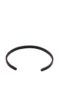 Schwarzes Metall-Haarband mit einem glatten, abgerundeten Design; dünnes Band mit offenen Enden für einfaches Tragen; keine zusätzlichen Verzierungen oder Muster.