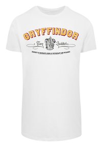 Hvit bomull T-skjorte med "GRYFFINDOR" i rød og gul tekst, en skjoldgrafikk, og "Team Quidditch" under i svart font.