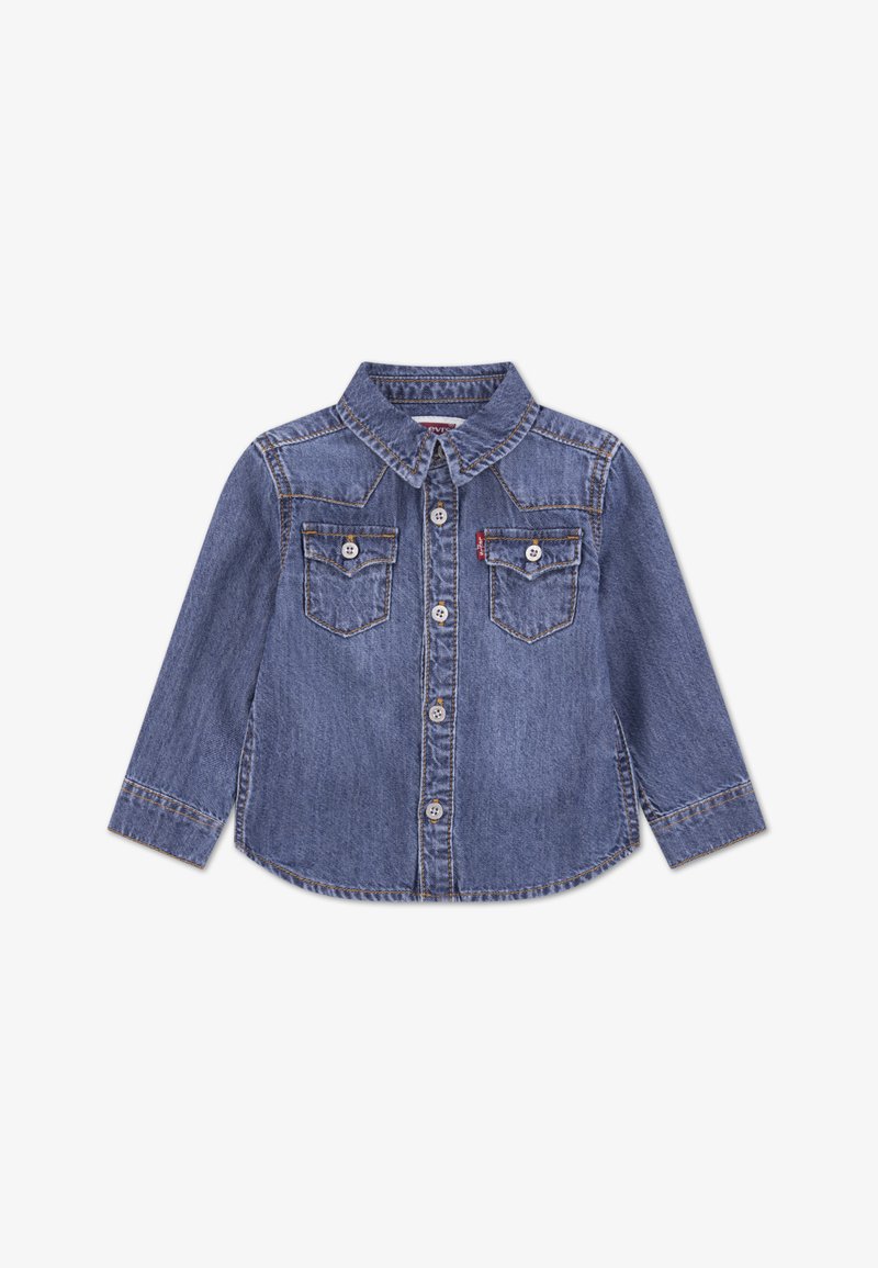 Denim shirt with long sleeves, button-up front, two chest pockets, light blue color, contrasting stitching, and a classic collar design.