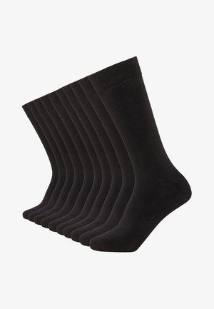 Black socks in a pack of ten, featuring a smooth texture, mid-calf length, ribbed cuffs, and seamless toe construction.