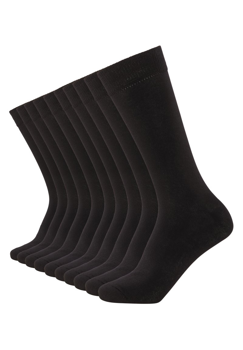 Black socks in a pack of ten, featuring a smooth texture, mid-calf length, ribbed cuffs, and seamless toe construction.