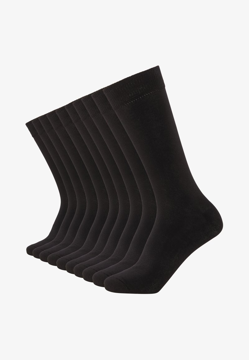 Black socks in a pack of ten, featuring a smooth texture, mid-calf length, ribbed cuffs, and seamless toe construction.