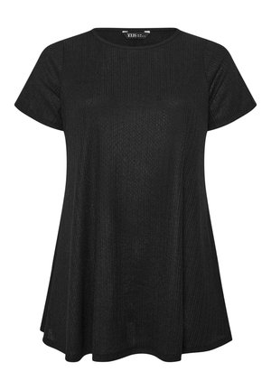 Sort kortærmet ribstrikket tunikabluse med rund halsudskæring og afslappet A-formet silhuet.