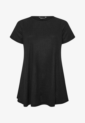 Zwart geribbeld gebreid tuniektop met korte mouwen, ronde hals en een losse A-lijn silhouet.