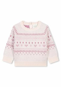 Pull en tricot rose clair à manches longues, avec un motif décoratif dans des teintes de rose plus foncé et un col et un ourlet côtelés.