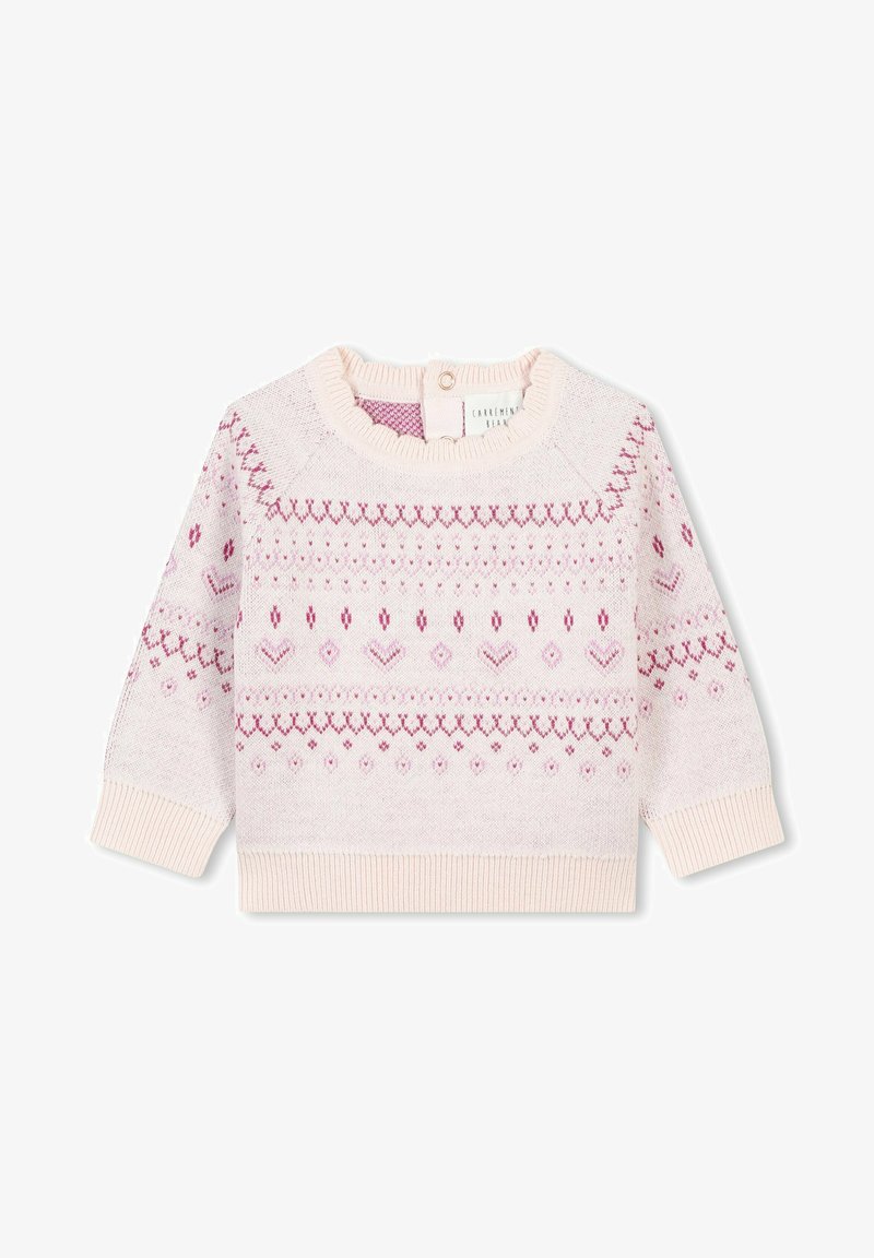 Pull en tricot rose clair à manches longues, avec un motif décoratif dans des teintes de rose plus foncé et un col et un ourlet côtelés.