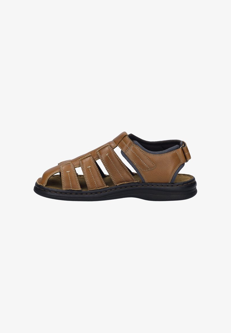 Brown leather sandal featuring an open design with multiple straps, stitched details, and a durable black rubber sole.