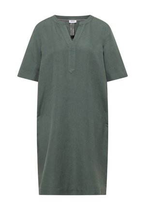 Groene linnen jurk tot op de knie met korte mouwen en een V-hals zonder knopen.