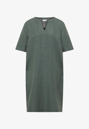 Grünes knielanges Leinenkleid mit kurzen Ärmeln und V-förmigem Ausschnitt ohne Knöpfe.