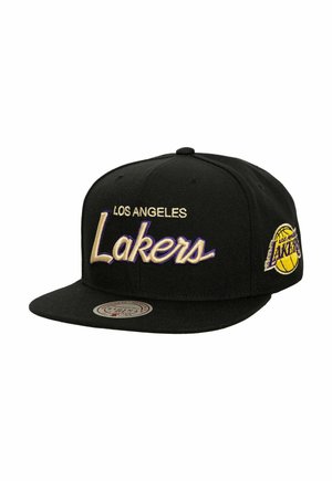 Black snapback cap featuring embroidered "LOS ANGELES Lakers" text in gold and purple, with a basketball graphic on the side.