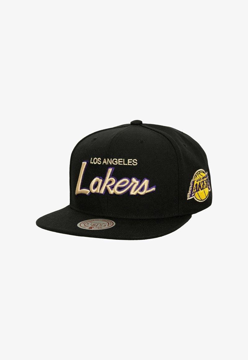 Black snapback cap featuring embroidered "LOS ANGELES Lakers" text in gold and purple, with a basketball graphic on the side.