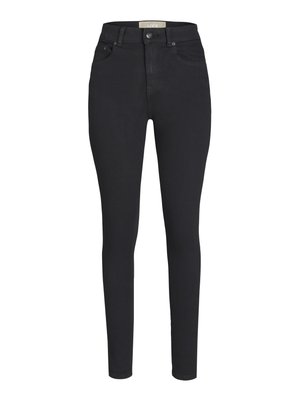 Černé vyšší skinny džíny z denimu s hladkou texturou, zapínání na přední knoflík a dvě přední kapsy.