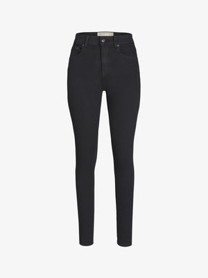 Černé vyšší skinny džíny z denimu s hladkou texturou, zapínání na přední knoflík a dvě přední kapsy.