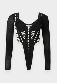Body noir à manches longues avec un décolleté en V profond, des motifs découpés et des détails à lacets à l'avant et sur les côtés.