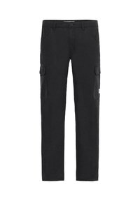 Black cargo pants made of cotton blend, featuring two side pockets and two large cargo pockets. Straight leg design with a button closure.