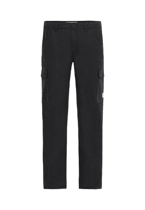 Pantaloni cargo neri realizzati in misto cotone, con due tasche laterali e due grandi tasche cargo. Design a gamba dritta con chiusura a bottone.