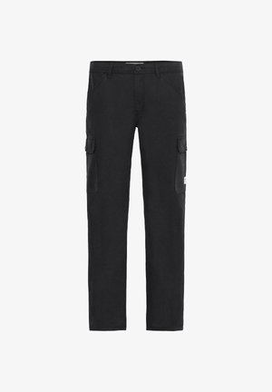 Črne cargo hlače iz bombažne mešanice, ki imajo dva stranska žepa in dva velika cargo žepa. Ravno krojen spodnji del z gumbom za zapiranje.