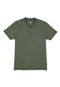 Green cotton short-sleeve t-shirt with a round neck and three-button placket. Features a subtle texture and a small logo patch at the hem.