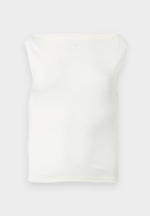 Top tube blanc ajusté sans bretelles avec un décolleté droit et un tissu lisse, présenté sur un fond clair.