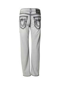 Jeans de mezclilla gris con pierna recta, con costuras en contraste y bolsillos traseros decorativos con un diseño único y etiqueta en la cinturilla.