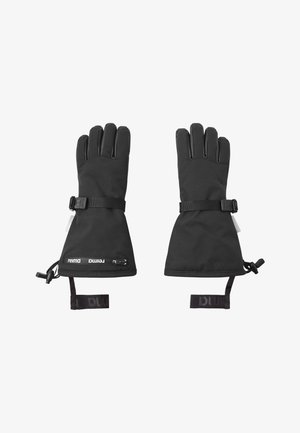 Guanti impermeabili neri con polsini lunghi, cinturini regolabili e grip gommato, dotati di punte rinforzate e texture liscia.