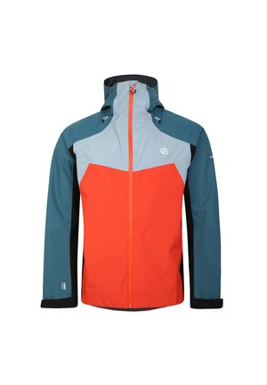 Herrenjacke mit Reißverschluss vorne, in einem Farbkombinationsdesign aus Orange, Hellblau und Teal, aus wasserabweisendem Material gefertigt.