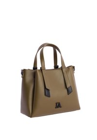 Bolso estructurado en verde oliva con detalles en negro, doble asa y un logo en la parte delantera. Fabricado en material sintético suave.