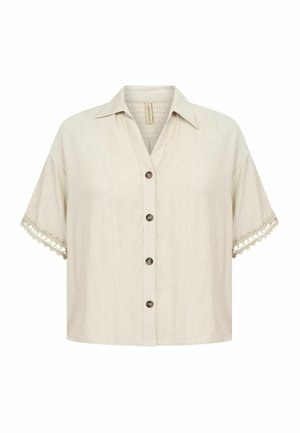 Beige kortærmet skjorte med knapper, krave og blonderkant på ærmerne, lavet af struktureret stof.