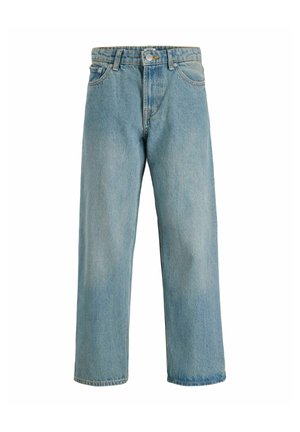 Hellblaue Straight-Leg-Jeans mit Gürtelschlaufen, Frontknopf, Reißverschluss und fünf Taschen.