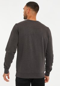 Grauer Sweatshirt mit Rundhalsausschnitt und langen Ärmeln. Weicher Textur und taillierte Passform mit gerippten Bündchen und Saum. Minimalistischer Stil.